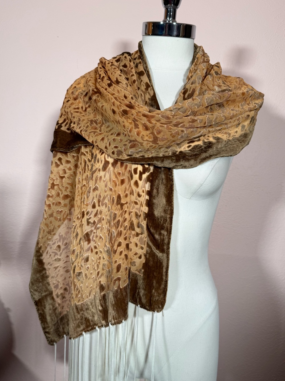 Vintage camel velvet burn out silk blend leopard print piano scarf fringe